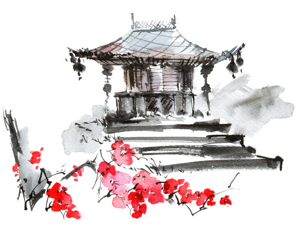樱花；寺庙与蓝天
