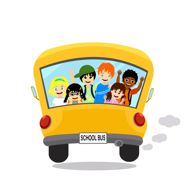 卡通儿童节和校车一起的孩子