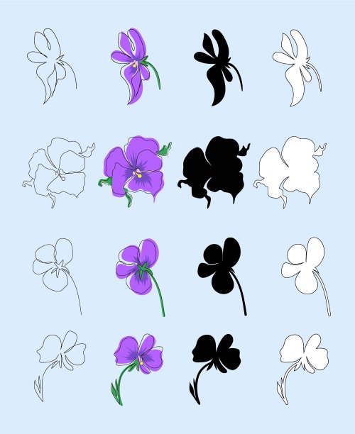轮廓线画,三色紫罗兰,鲜花盛开