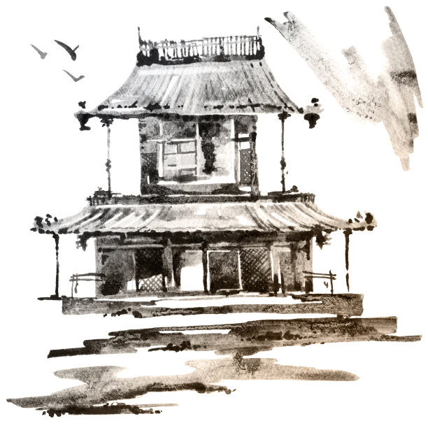 寺院水墨画