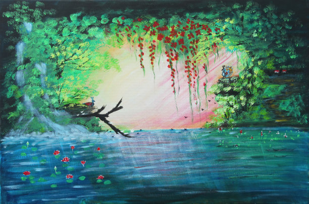 森林小溪河流油画