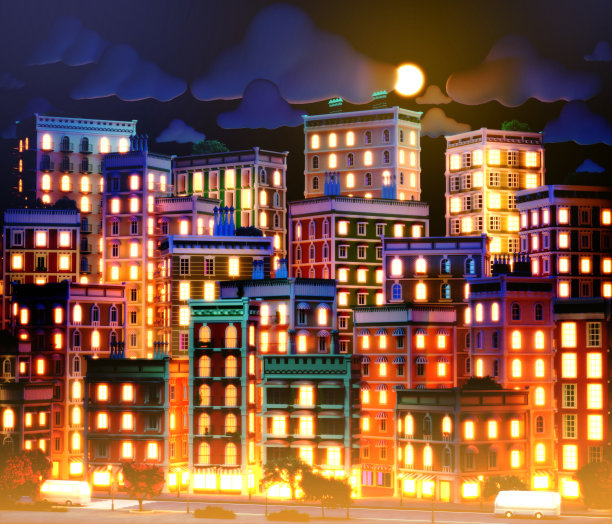 小区沿街建筑夜景效果图