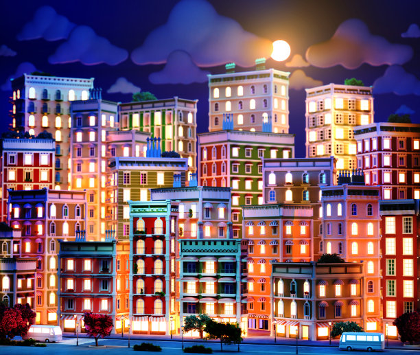 小区沿街建筑夜景效果图