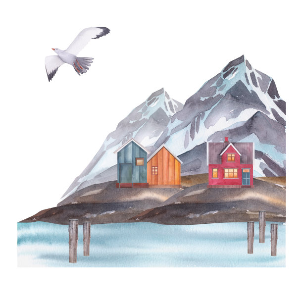 挪威水彩建筑插画
