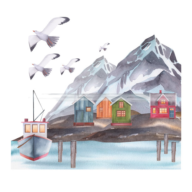 挪威水彩建筑插画