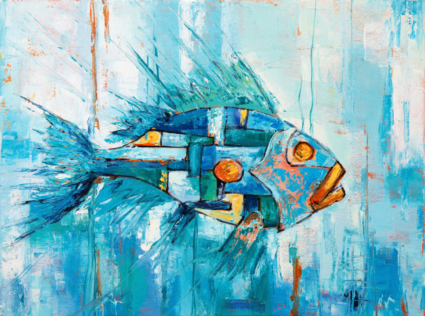 装饰画 抽象油画 金鱼