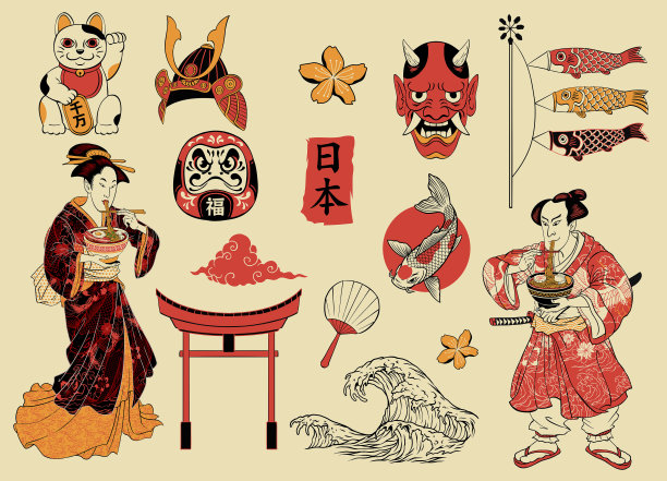 传统日式浮世绘樱花装饰插画图案