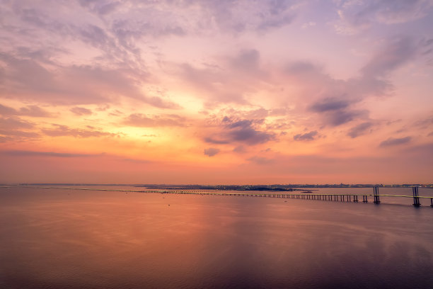 航拍夕阳中的青岛城市景观