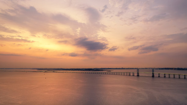 航拍夕阳中的青岛城市景观