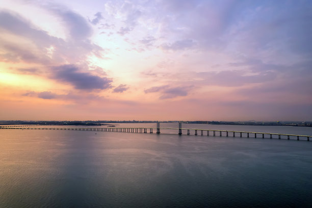 航拍夕阳中的青岛城市景观