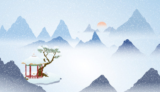 矢量冬季大山树木雪人背景图