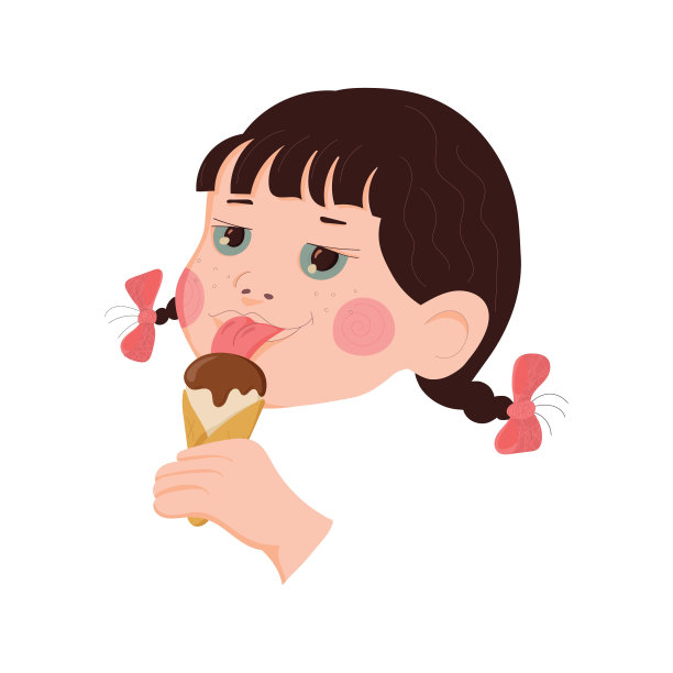 夏天女孩吃冰淇淋。卡通矢量插画