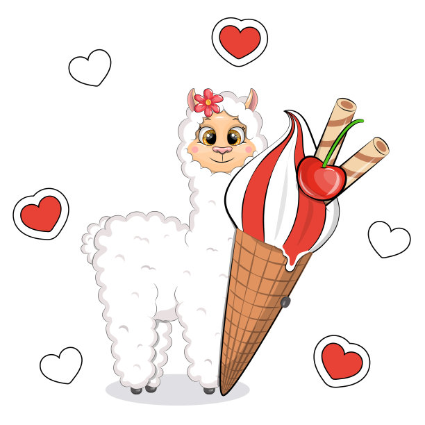 夏天女孩吃冰淇淋。卡通矢量插画