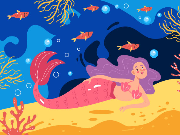 可爱美人鱼卡通水下海洋动物背景