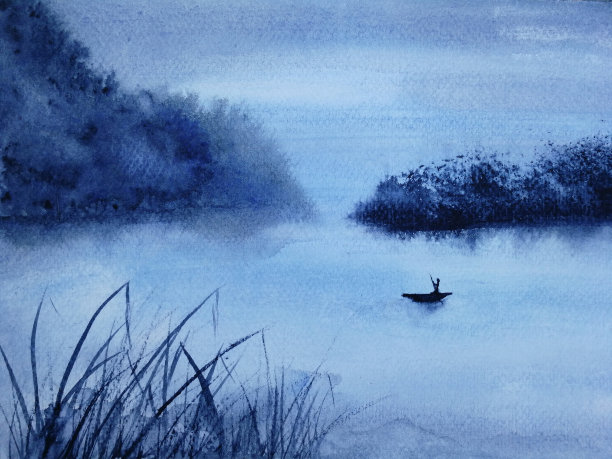 湖畔湖边水墨艺术画