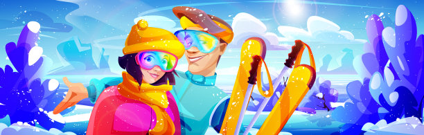 冬季大雪滑雪运动风景矢量插画