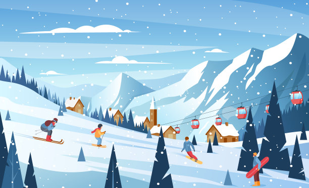 冬季大雪滑雪运动风景矢量插画