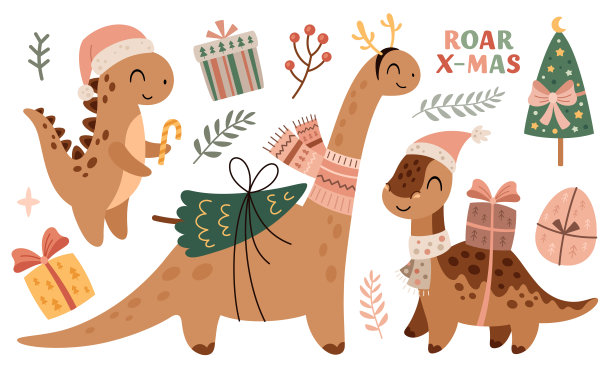 可爱的卡通矢量圣诞小恐龙