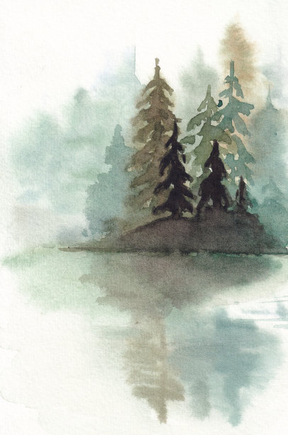 水彩湖畔风景画挂画