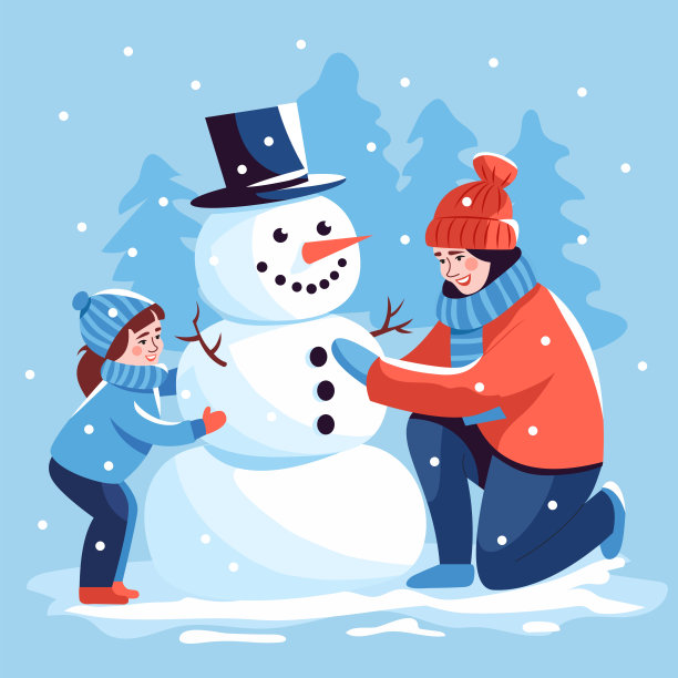 冬季大雪一家人户外堆雪人插画