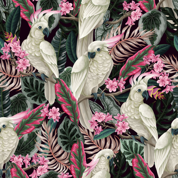 热带树叶花鸟植物印花面料图案