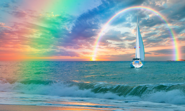 彩虹下的游艇