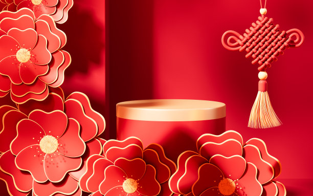 春节红背景红梅花中国结年货