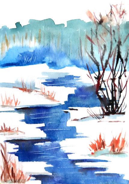 水彩湖畔风景画挂画