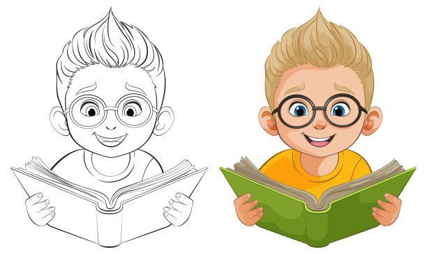 卡通眼镜男孩看书教育插画