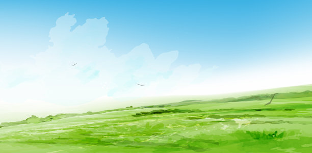 水彩绿草蓝天春天景色背景