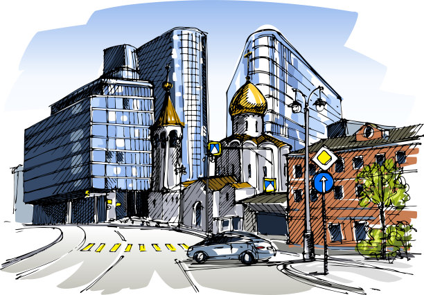卡通城市旅行汽车高楼插画