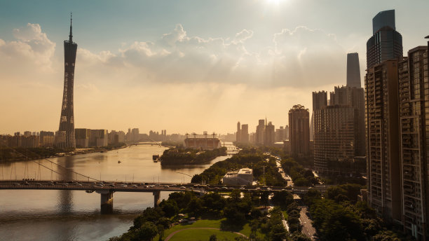 航拍中国广州地标建筑广州塔