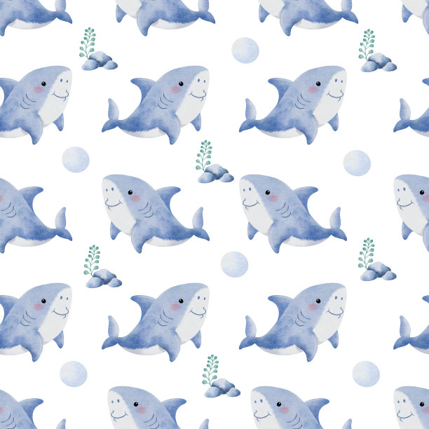 鲨鱼 四方连续 卡通 灰色 布