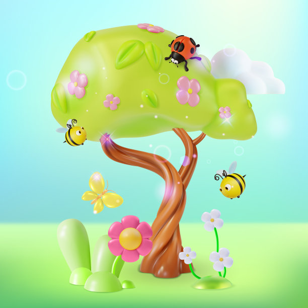 蜜蜂 昆虫 花丛 瓢虫 卡通
