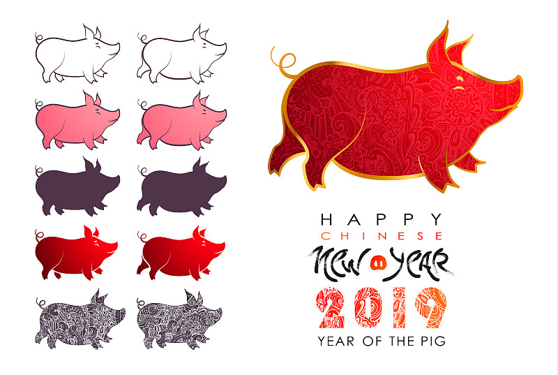 猪,春节,2019,新的,月亮,绘画插图,中国灯笼,画笔,传单,现代