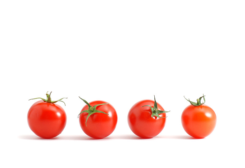 成一排,樱桃番茄,舞台,分离着色,饮食,四个物体,水平画幅,绿色,小的,素食