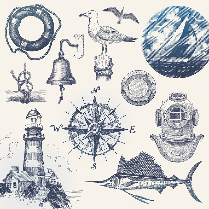 矢量,船,动物手,客船,浮标,绘画插图,古老的,古典式,灯塔楼