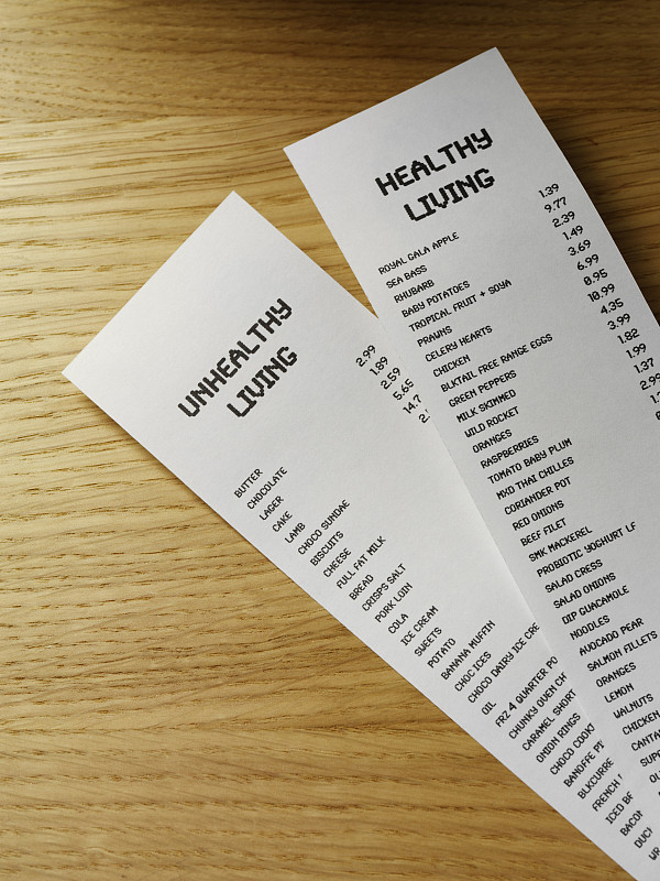 购物清单,不健康食物,打印单据,收银条,收据,垂直画幅,桌子,食品杂货,无人