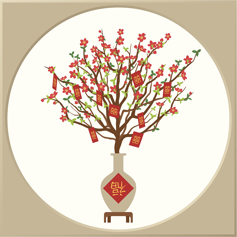 桃花,花瓶,红包,中文,春节,汉字,绘画插图,边框,艺术
