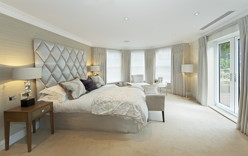 卧室,整齐的,华丽的,极简构图,日光,充满的,天井门,法式门,床头柜,床头板