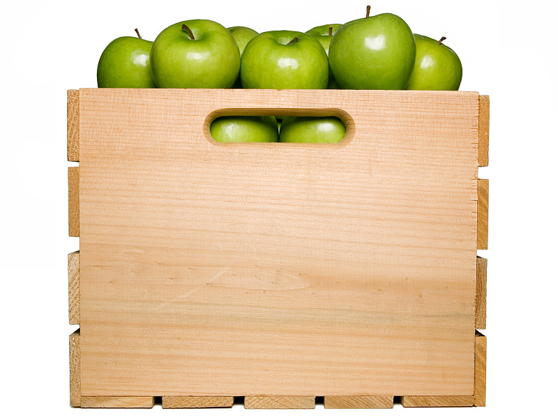苹果,盒子,绿色,木制,分离着色,充满的,白色,板条箱,青苹果,水果