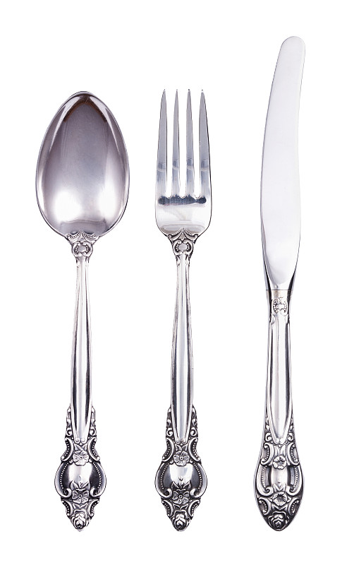 银餐具,分离着色,白色,垂直画幅,饮食,古董,银色,无人,古老的,餐刀