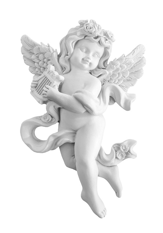 天使,雕像,石材,白色背景,白色,小天使,竖琴,丘比特,垂直画幅