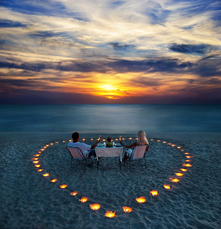浪漫,晚餐,海滩,青年伴侣,蜜月,情人节卡,丰富,情人节,蜡烛,婚礼