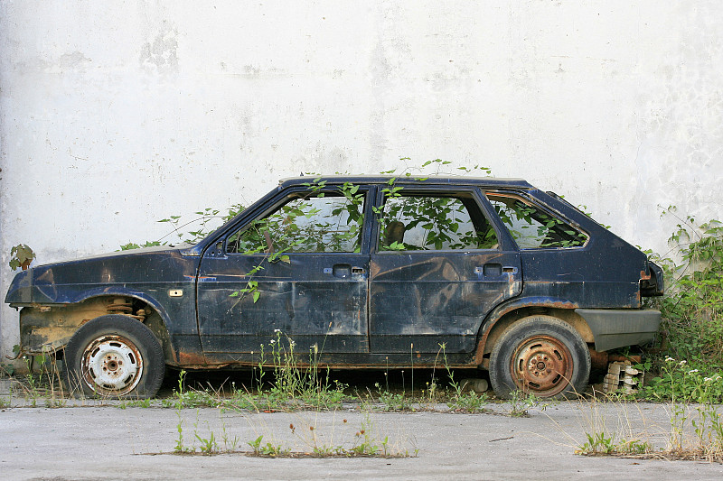 过时的,垃圾,汽车,被抛弃的,簇叶从生的,古董车,正面视角,干草,古董