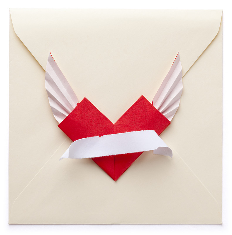 信封,米色,翅膀,红色,折纸工艺,心型,卷,垂直画幅,折叠的,形状