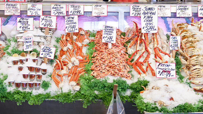 海产,清新,待售,澳大利亚巨蟹,蟹腿,太平洋油鲽,丹金尼斯螃蟹,罗非鱼,黑鲈,超级市场