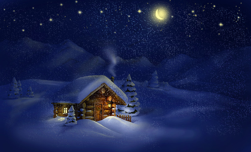 夜晚,雪,松树,地形,小屋,小木屋,美,留白,灯笼