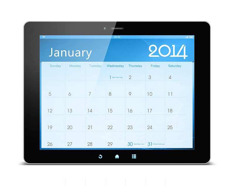 一月,日历,平板电脑,2014年,办公用品,新的,新年,现代,想法,月