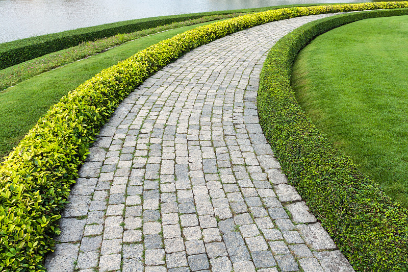 草,石头,小路,绿色,块状,公园,水平画幅,形状,墙,步行